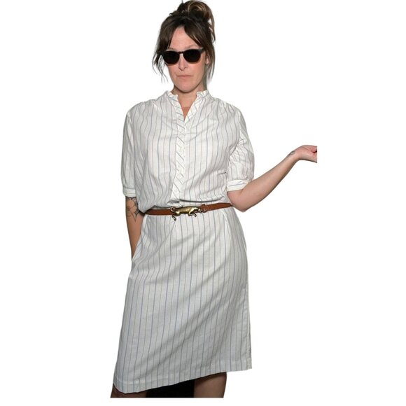 Vintage David Peet Shirt Dress Ivory Striped Cotton Blend Midi Classic Medium - Picture 1 of 16